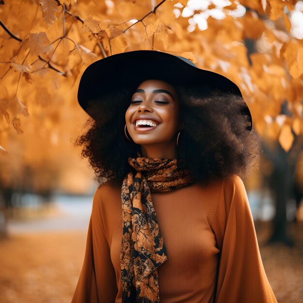 beautiful smiling black woman walking park with autumn leaves fashion 899263 9628